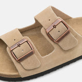 Double-Buckle Suede Sandals - Beige