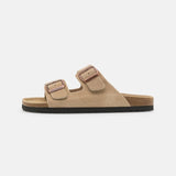 Double-Buckle Suede Sandals - Beige