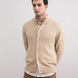 Beige Ribbed Button Closure With Pockets Cardigan