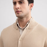 Beige Ribbed Button Closure With Pockets Cardigan