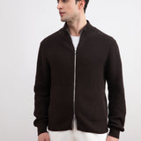 Dark Brown Ribbed Zip-Up Cardigan