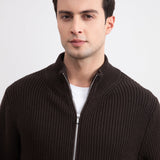 Dark Brown Ribbed Zip-Up Cardigan