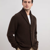 Brown Shawl-Collar Ribbed Cardigan