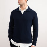 Navy Textured Open Polo Sweater