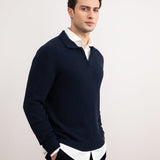 Navy Textured Open Polo Sweater