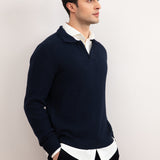 Navy Textured Open Polo Sweater