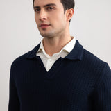 Navy Textured Open Polo Sweater