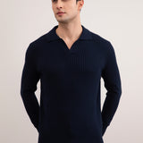 Navy Striped Open Polo Shirt