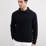 Black Textured Open Polo Sweater
