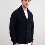 Navy Shawl-Collar Ribbed Cardigan