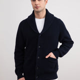 Navy Shawl-Collar Ribbed Cardigan