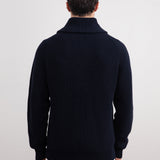Navy Shawl-Collar Ribbed Cardigan
