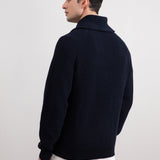 Navy Shawl-Collar Ribbed Cardigan