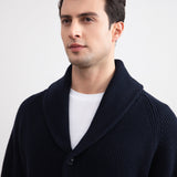 Navy Shawl-Collar Ribbed Cardigan