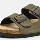 Double-Buckle Suede Sandals - Olive