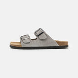 Double-Buckle Suede Sandals - Light Grey