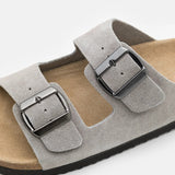 Double-Buckle Suede Sandals - Light Grey